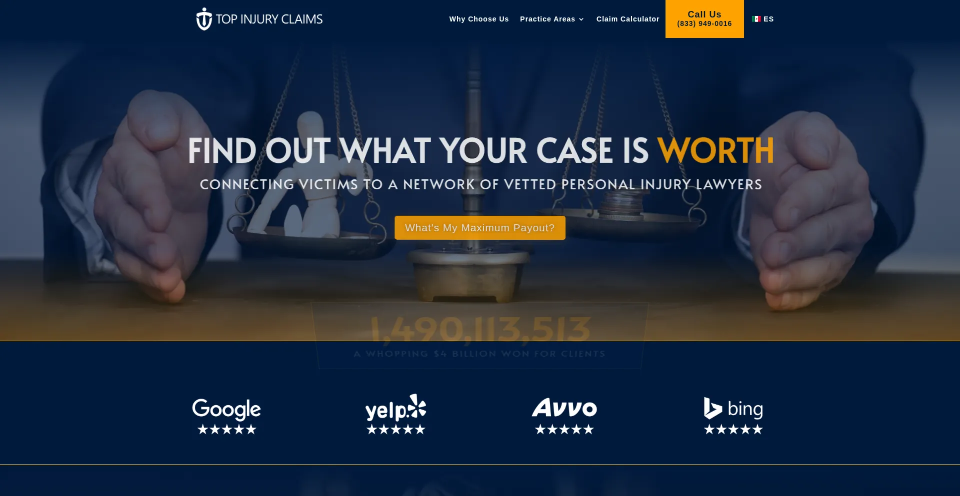 Website screenshot of Topinjuryclaims.com