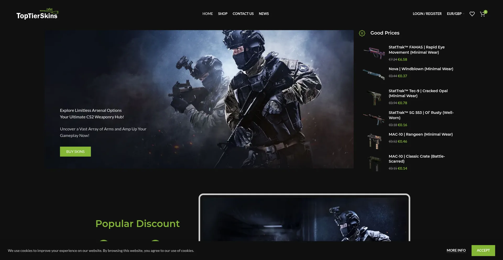 Website screenshot of Toptierskins.com
