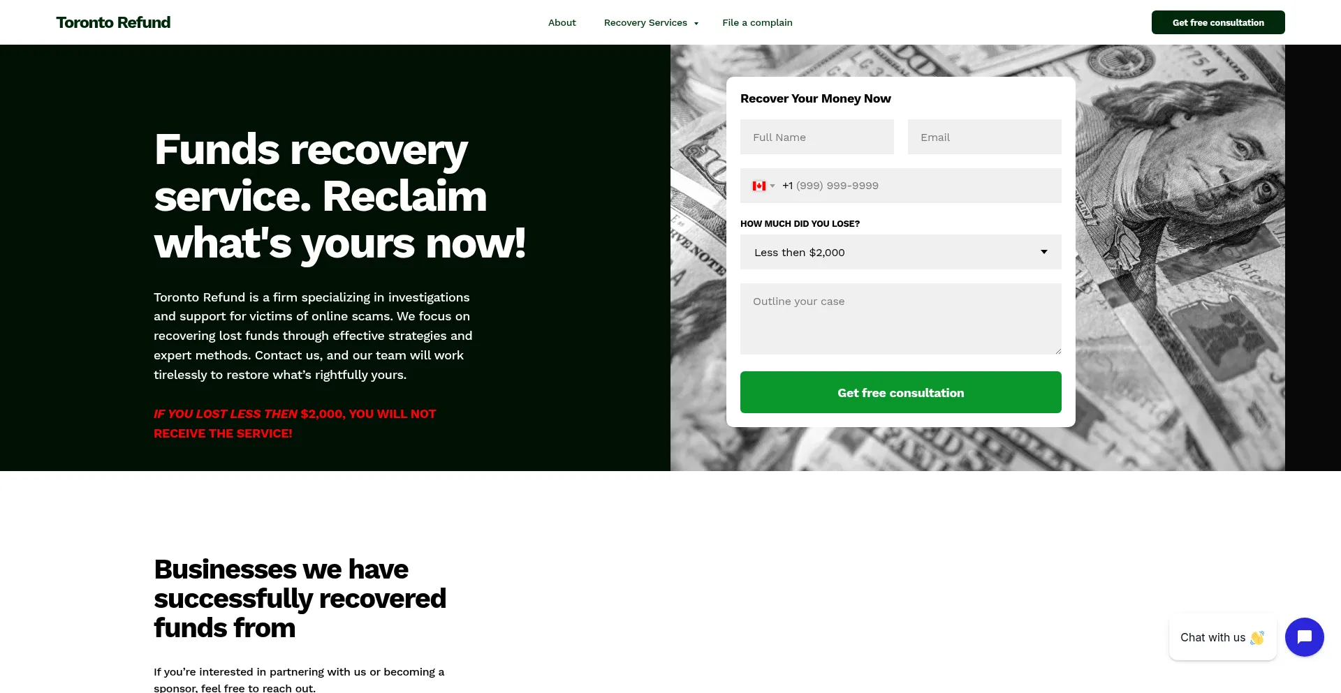 Website screenshot of Torontorefund.pro