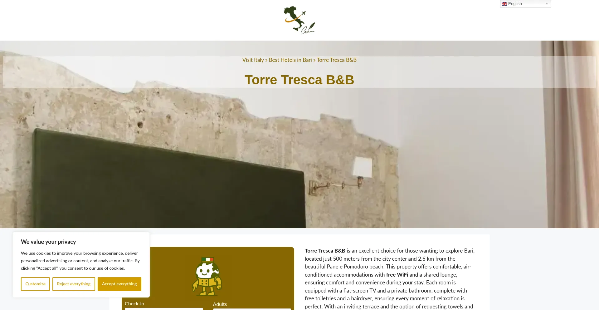 Website screenshot of Torre-tresca-bb.dreaminginrome.com