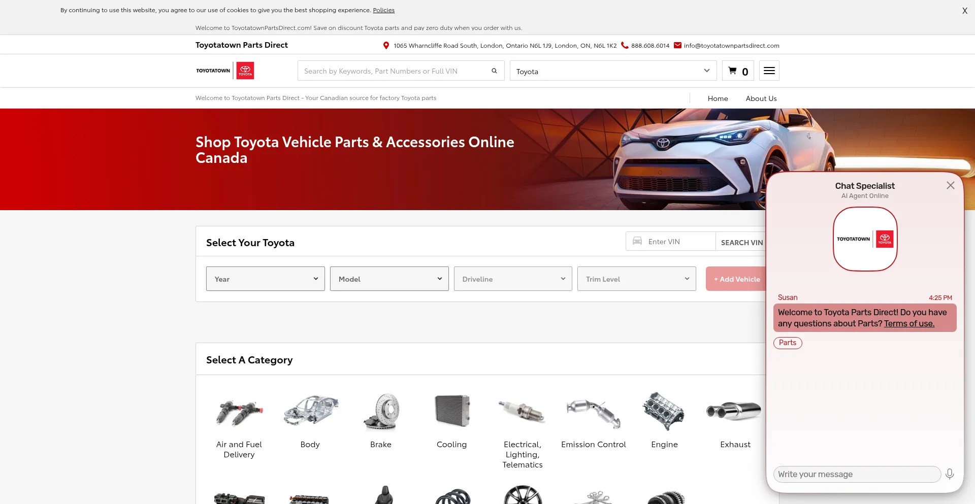 Website screenshot of Toyotatownpartsdirect.com