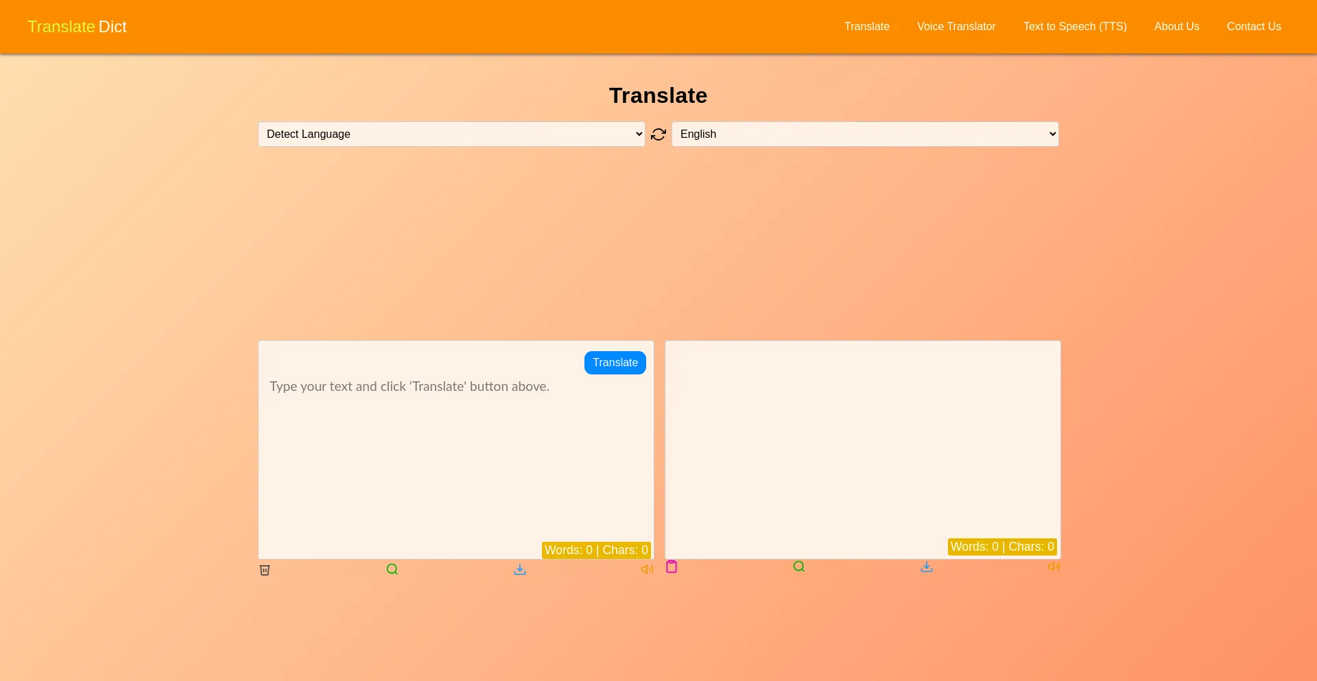 Website screenshot of Translatedict.com