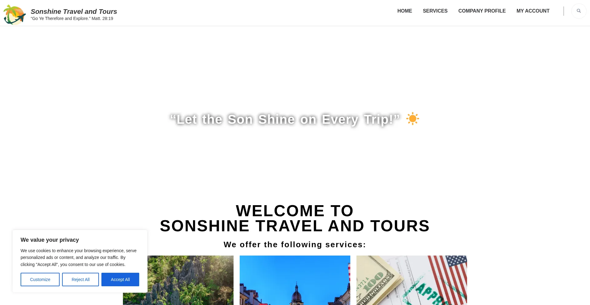 Website screenshot of Travelwithsonshine.com