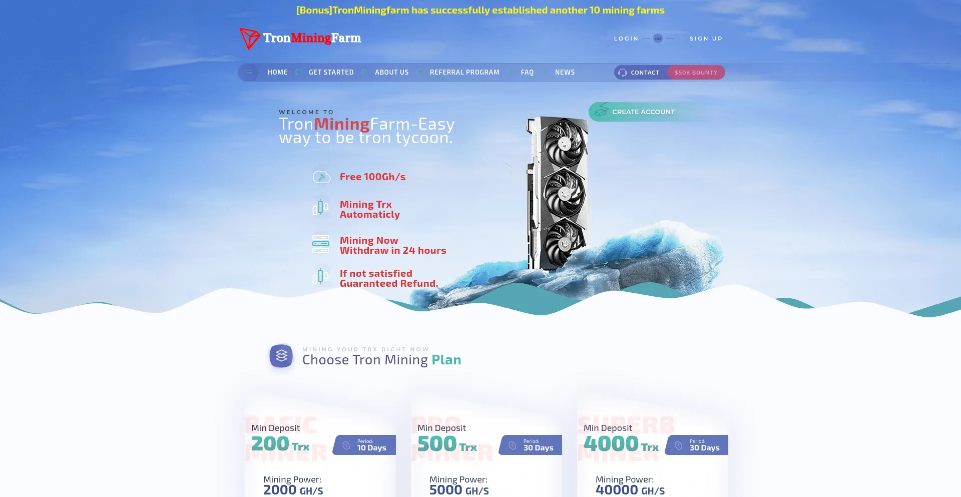 Website screenshot of Tronminingfarm.com