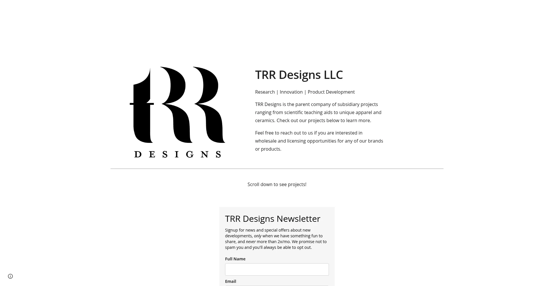 Website screenshot of Trrdesigns.net