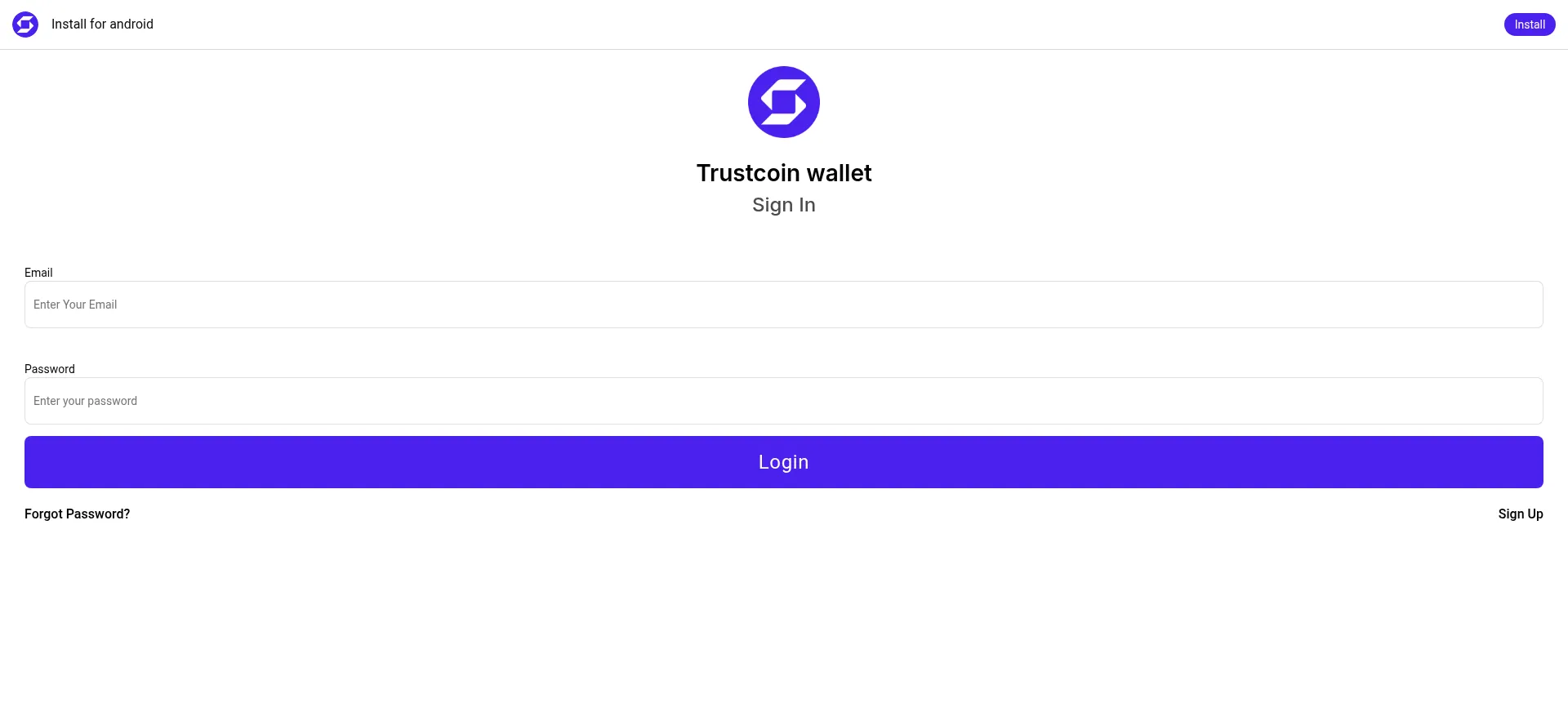 Website screenshot of Trustcoinaccount.web.app