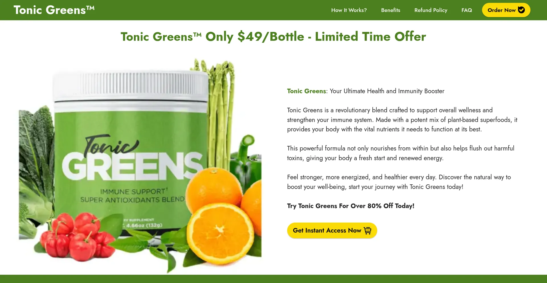 Website screenshot of Trythetonicgreens.com