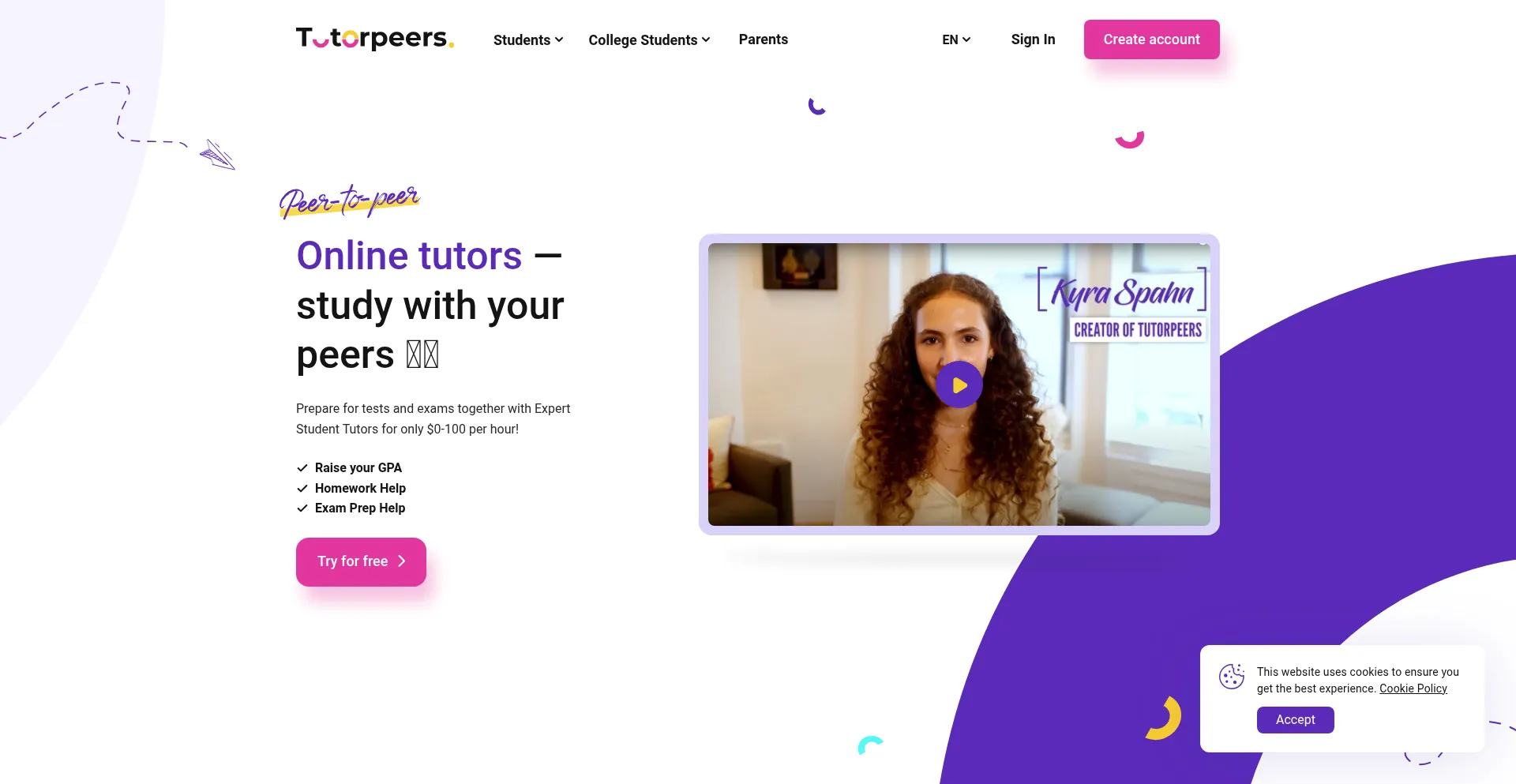 Website screenshot of Tutorpeers.com
