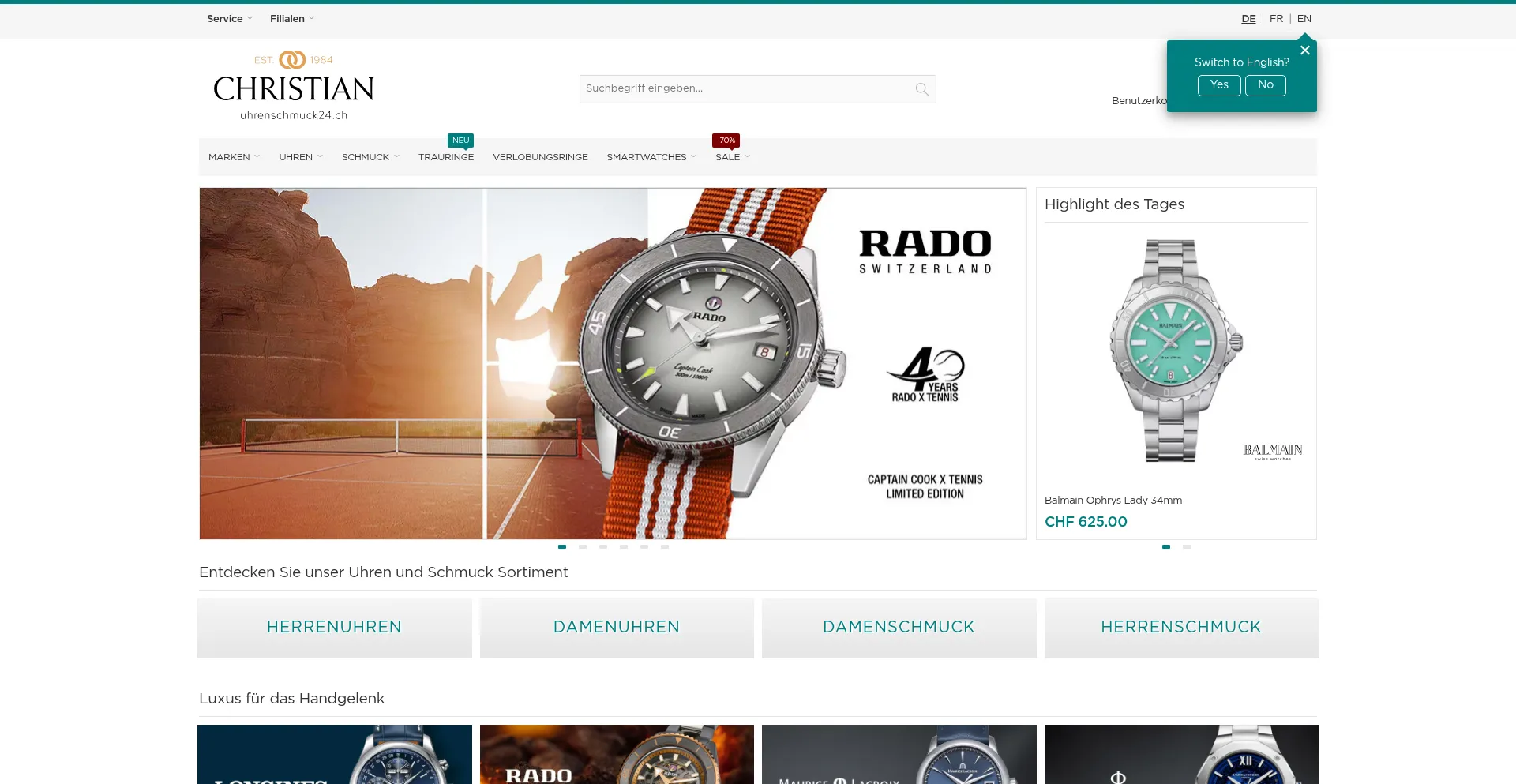 Website screenshot of Uhrenschmuck24.ch