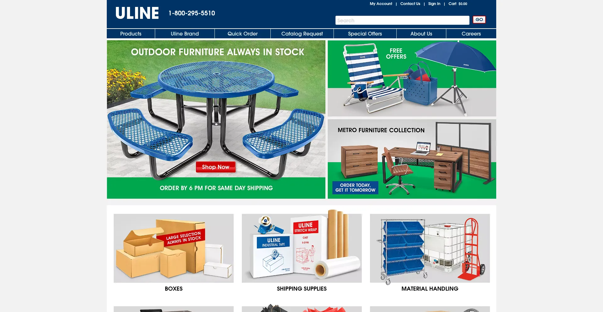 Website screenshot of Uline.com