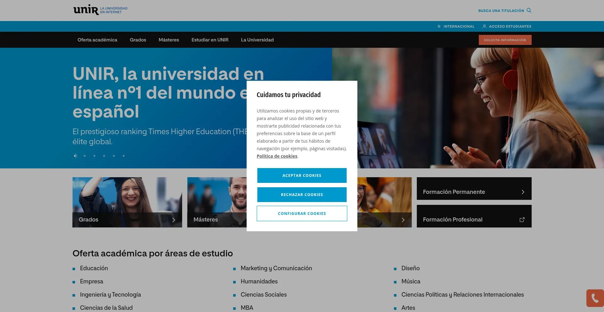 Website screenshot of Unir.net