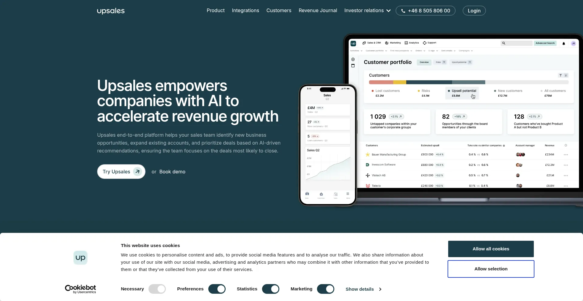 Website screenshot of Upsales.com