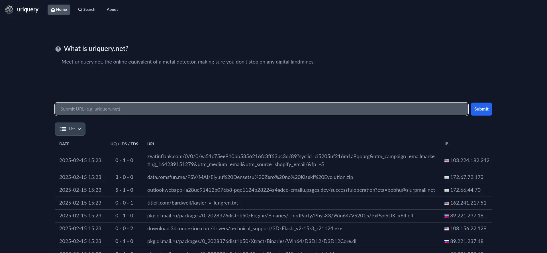 Website screenshot of Urlquery.net
