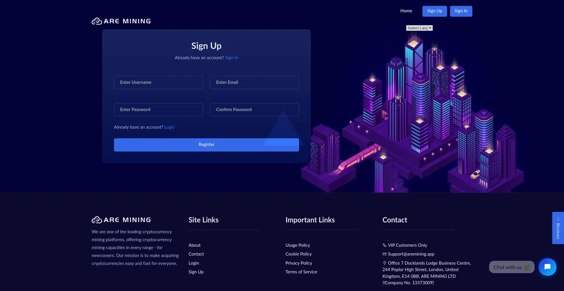 Website screenshot of User.aremining.app