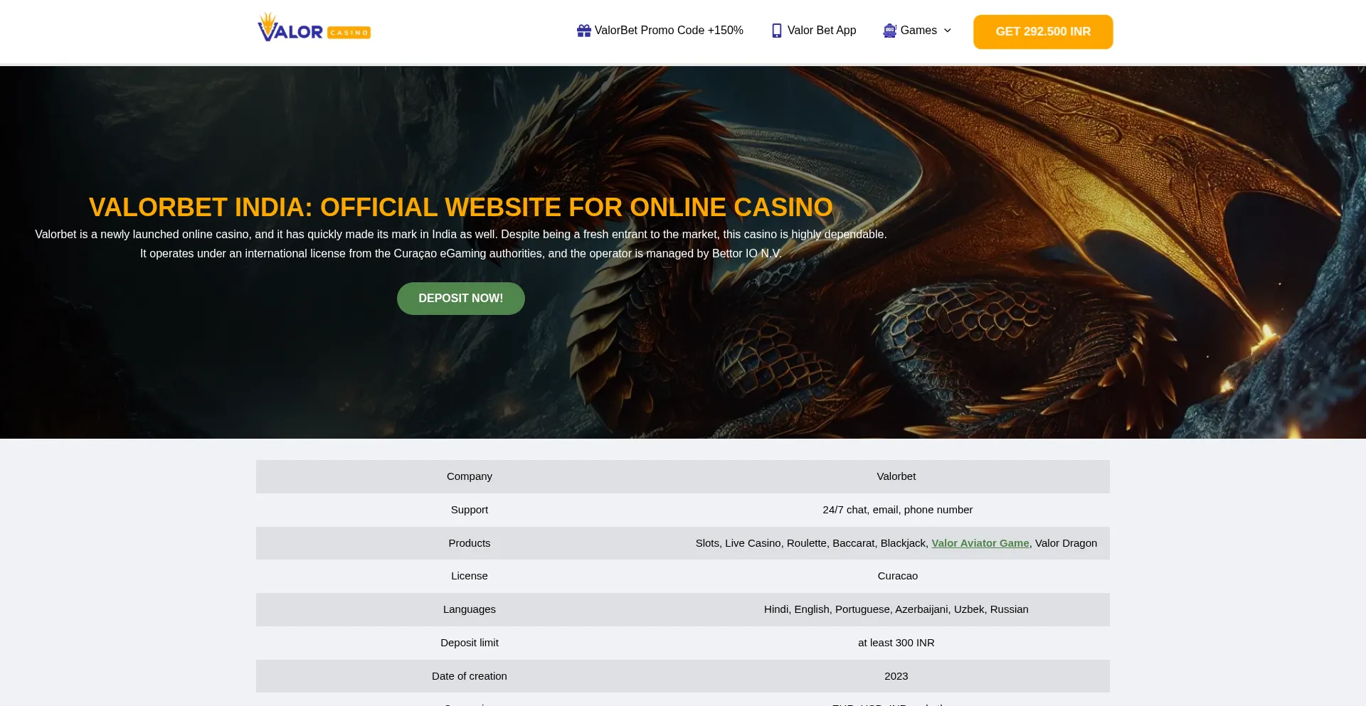 Website screenshot of Valorbet.in
