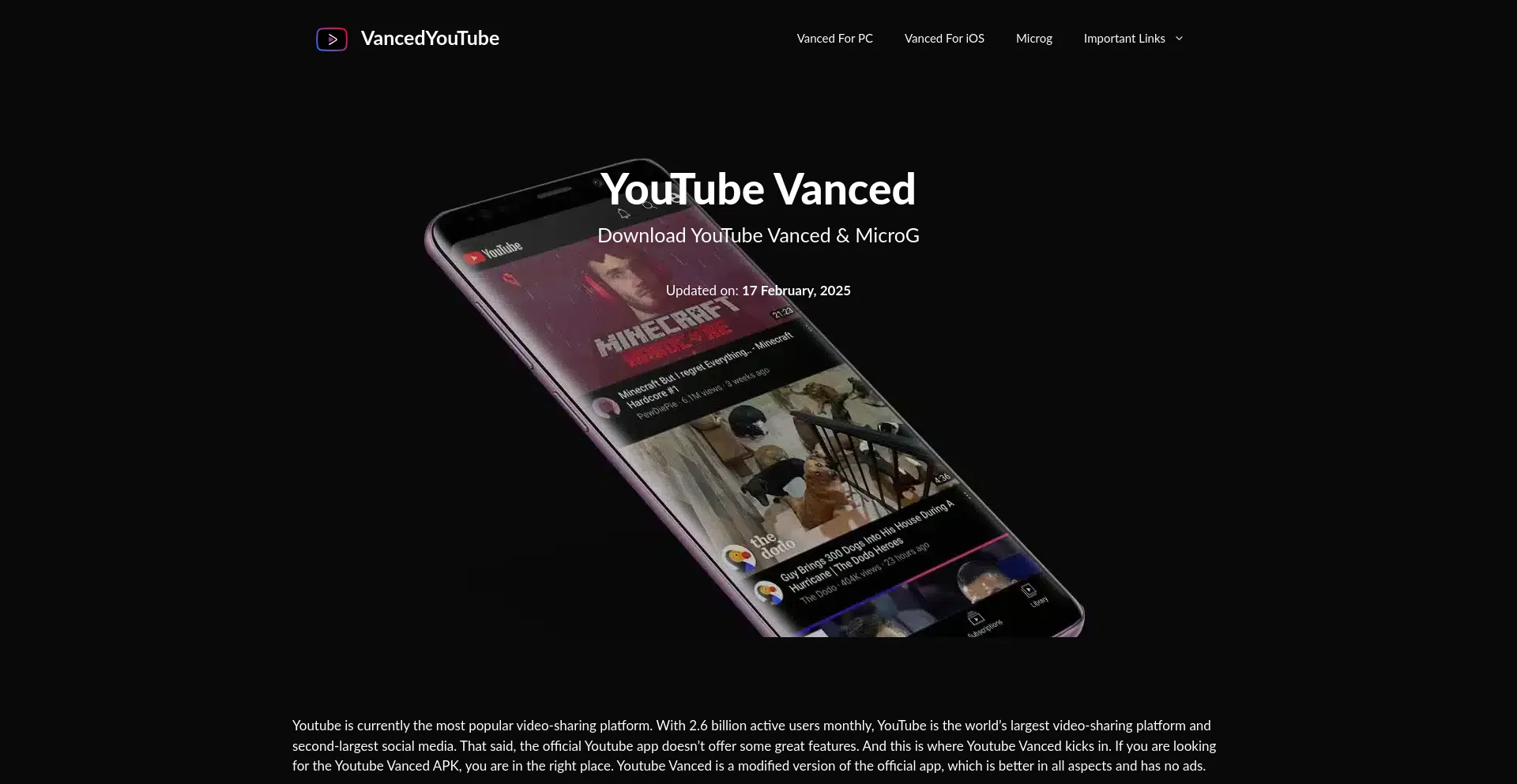 Website screenshot of Vancedyoutube.org