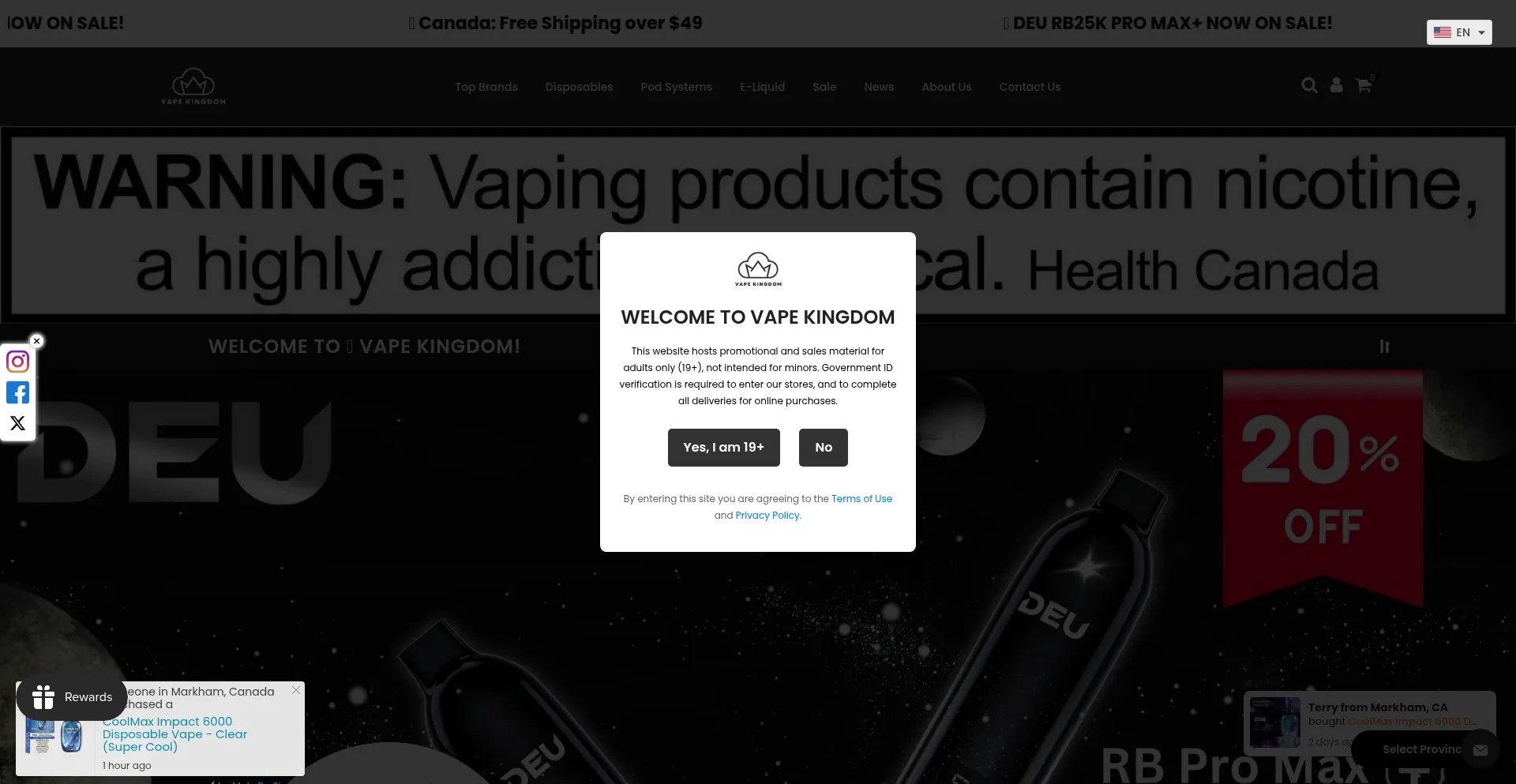 Website screenshot of Vapekingdom.ca