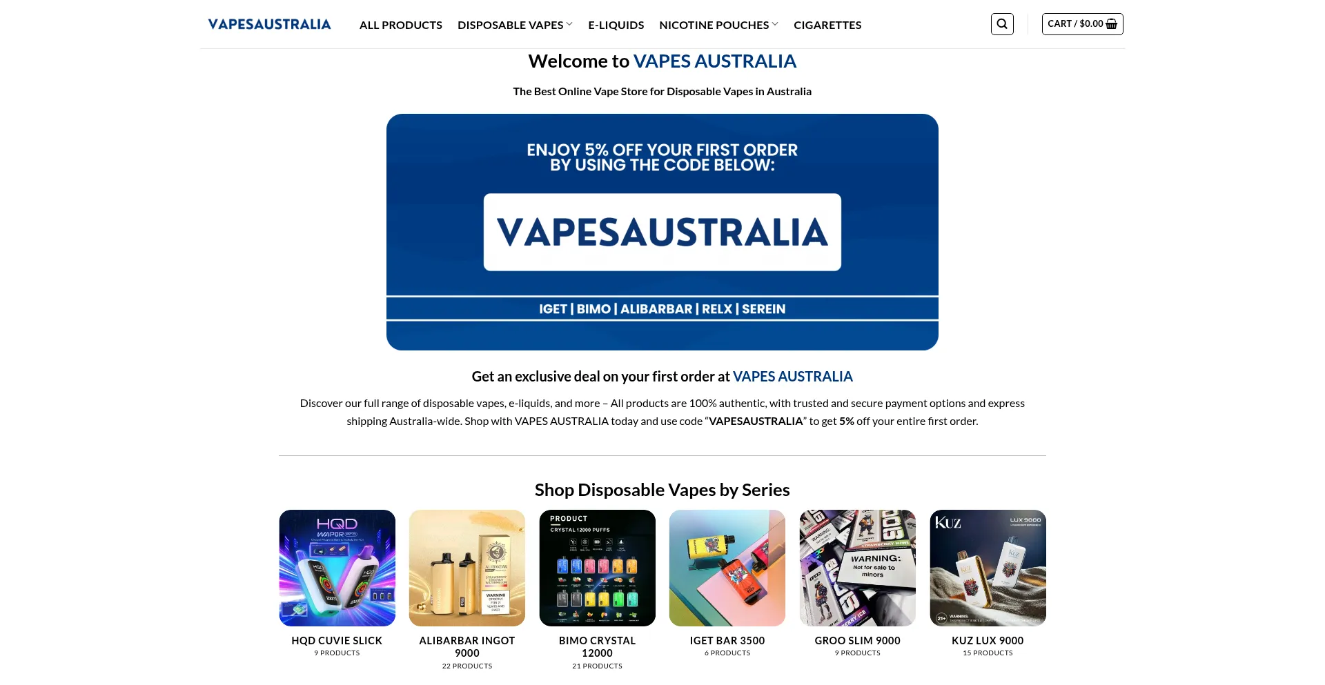 Website screenshot of Vapesaustralia.com.au