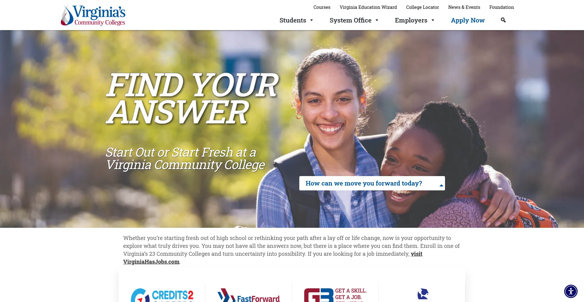 Website screenshot of Vccs.edu
