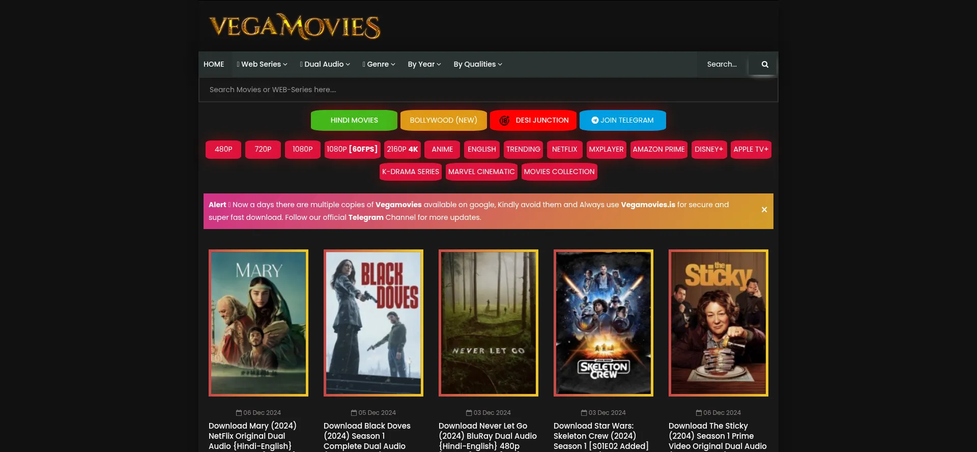 Website screenshot of Vegamovies.ps