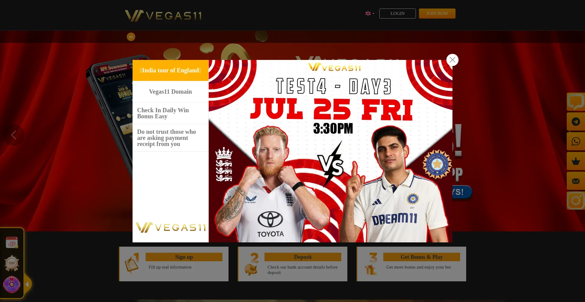 Website screenshot of Vegas11.net