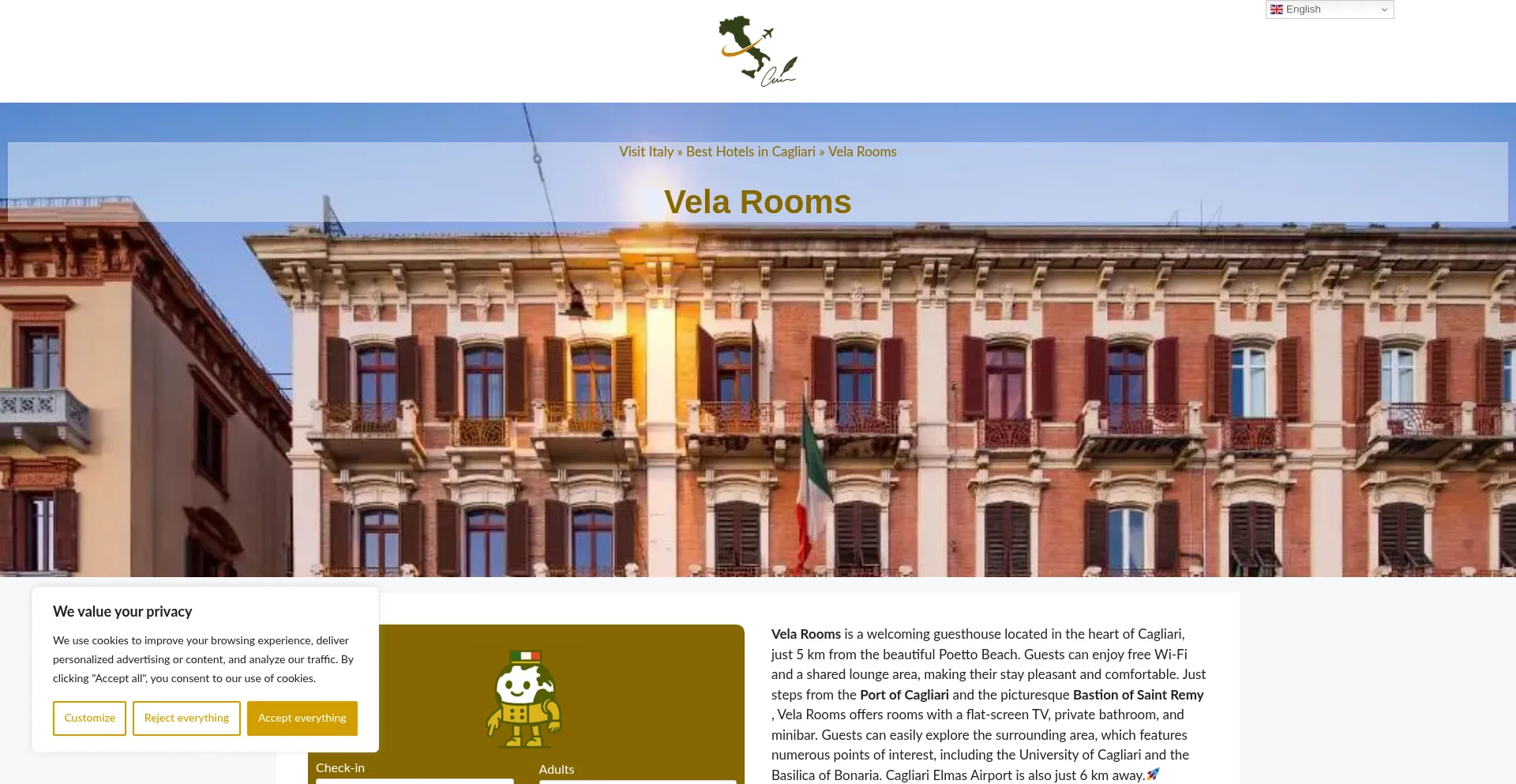 Website screenshot of Vela-rooms.dreaminginrome.com