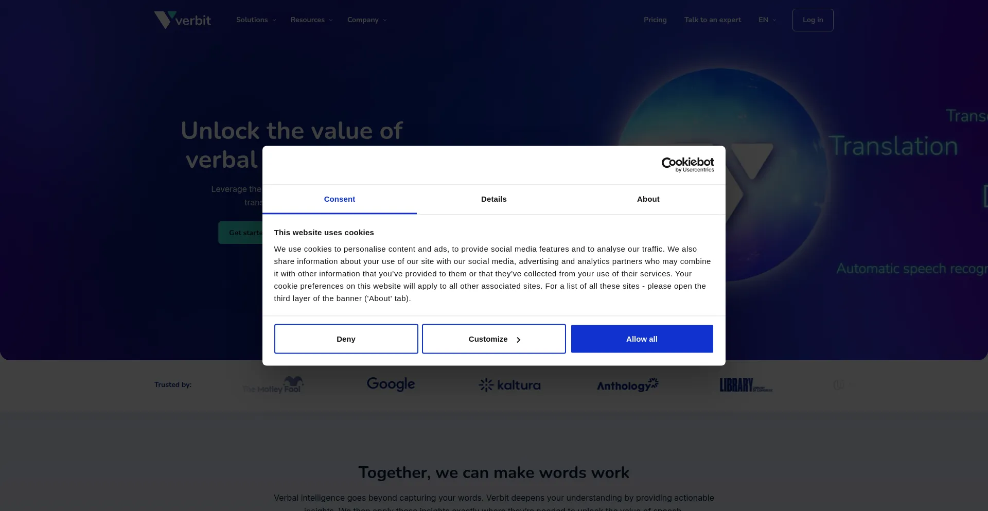 Website screenshot of Verbit.ai