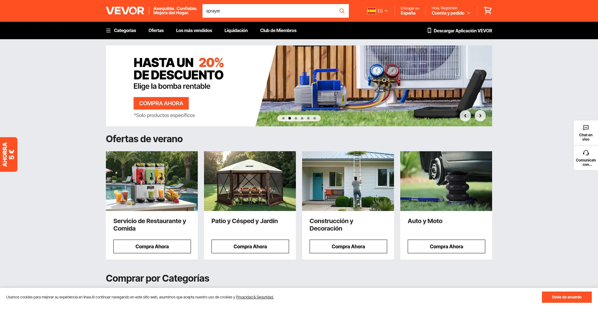 Website screenshot of Vevor.es