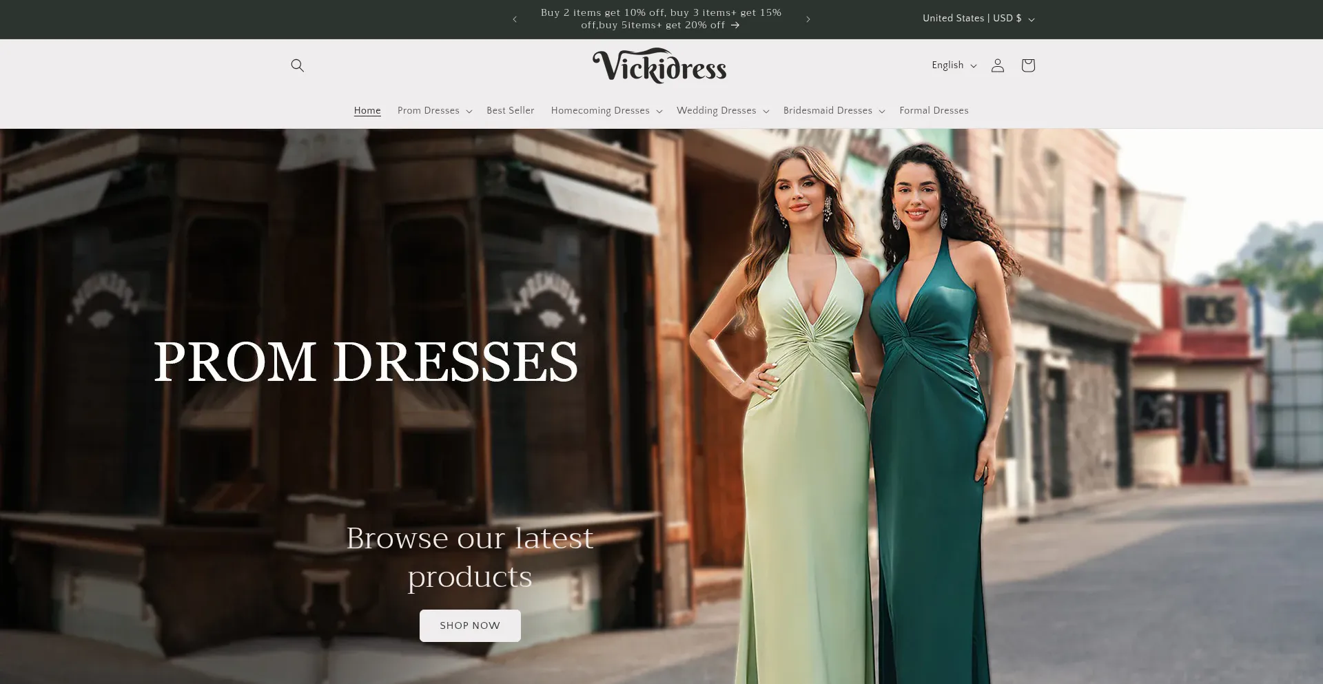 Website screenshot of Vickidress.myshopify.com
