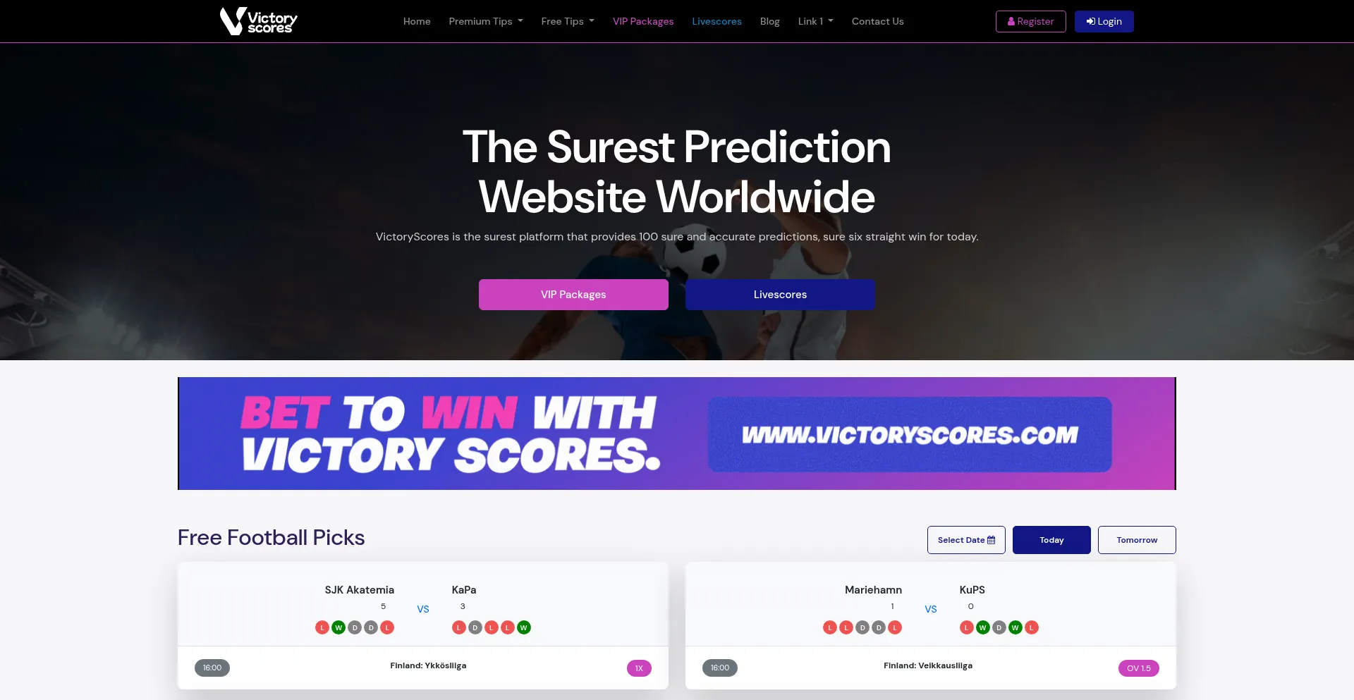 Website screenshot of Victoryscores.com
