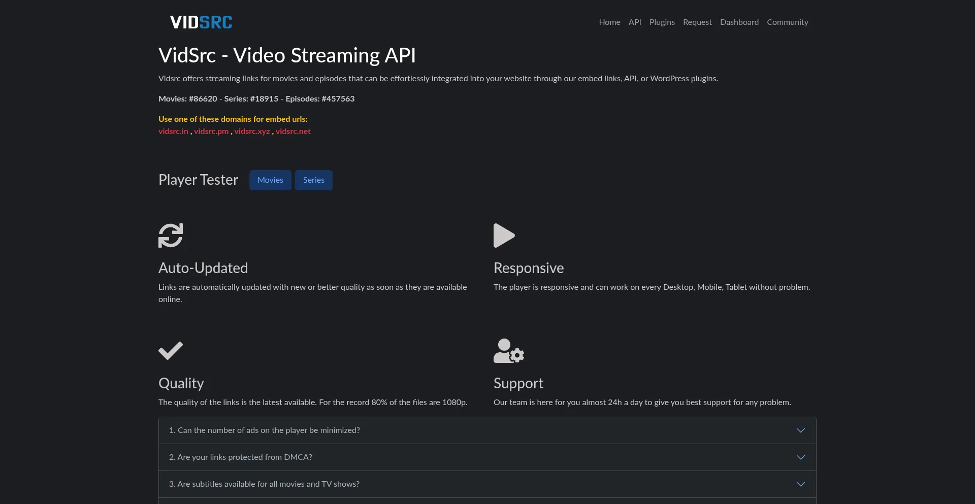 Website screenshot of Vidsrc.xyz