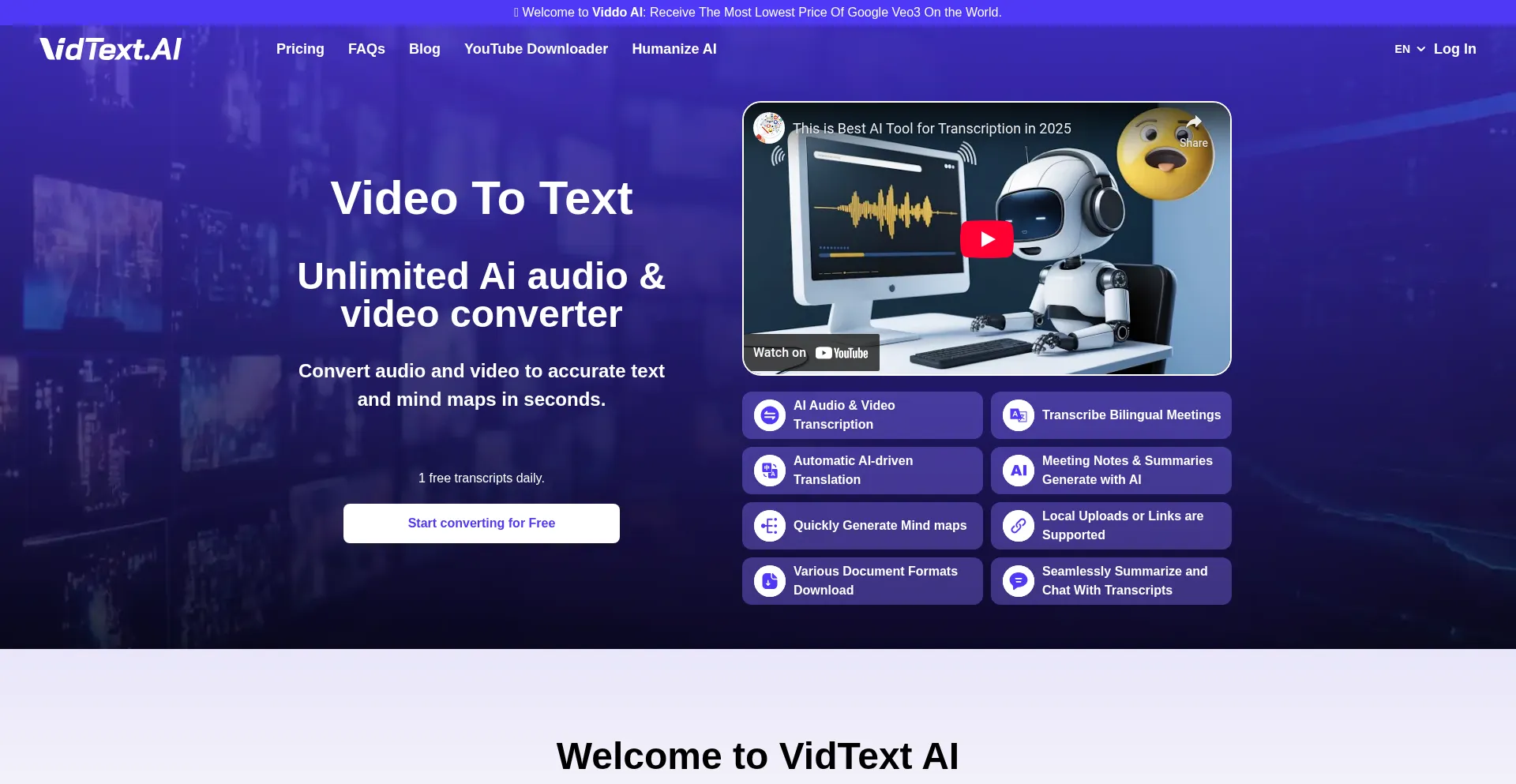 Website screenshot of Vidtext.ai