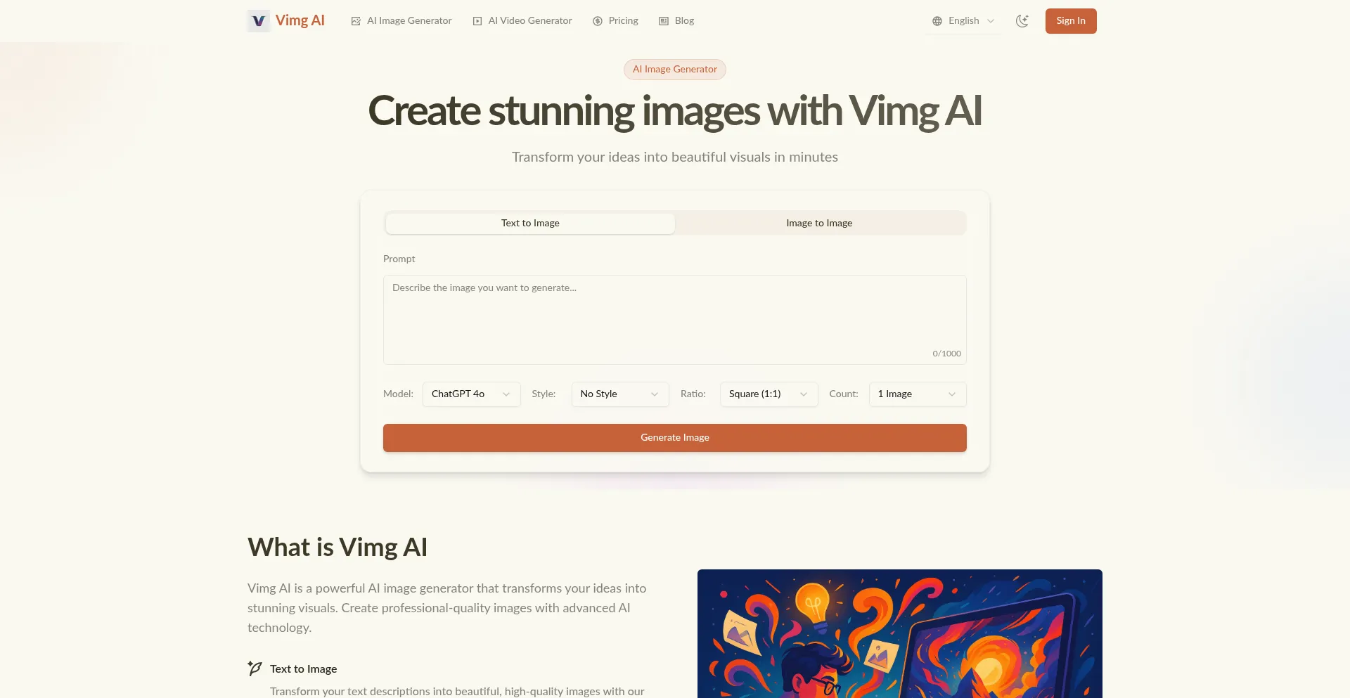 Website screenshot of Vimg.ai