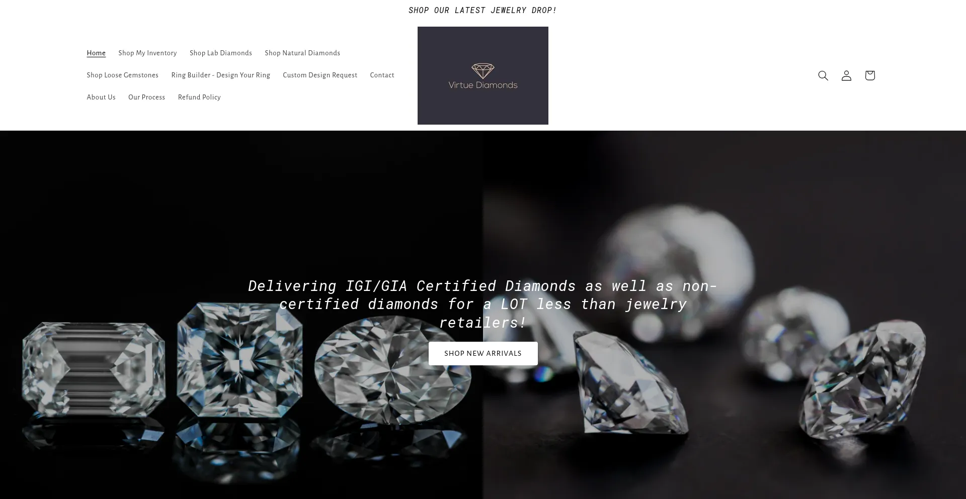 Website screenshot of Virtuediamonds.net