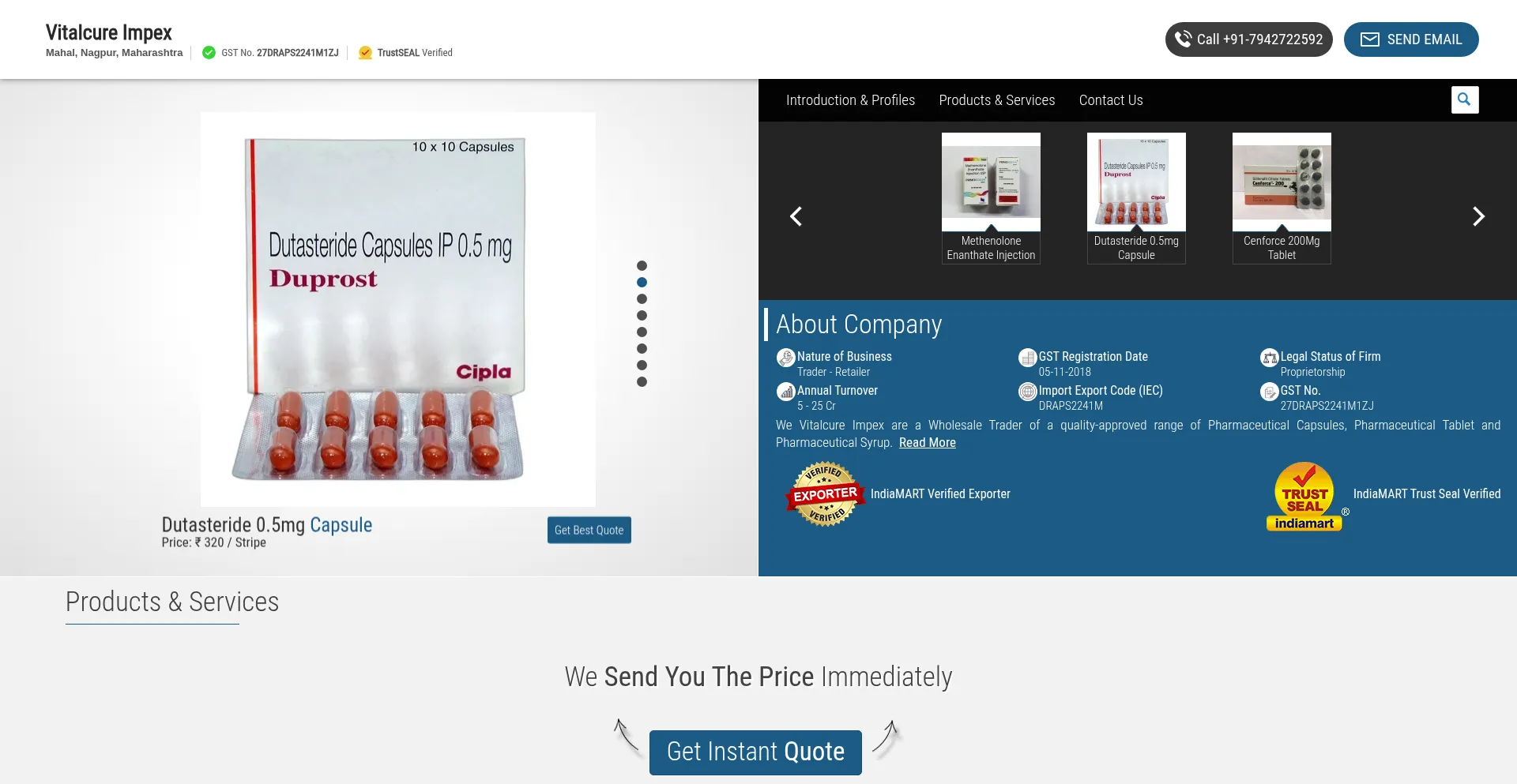 Website screenshot of Vitalcureimpex.com