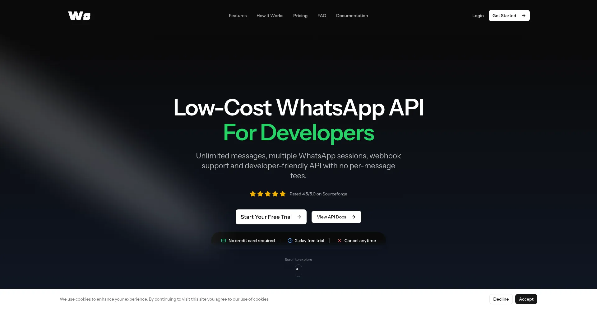 Website screenshot of Wasenderapi.com