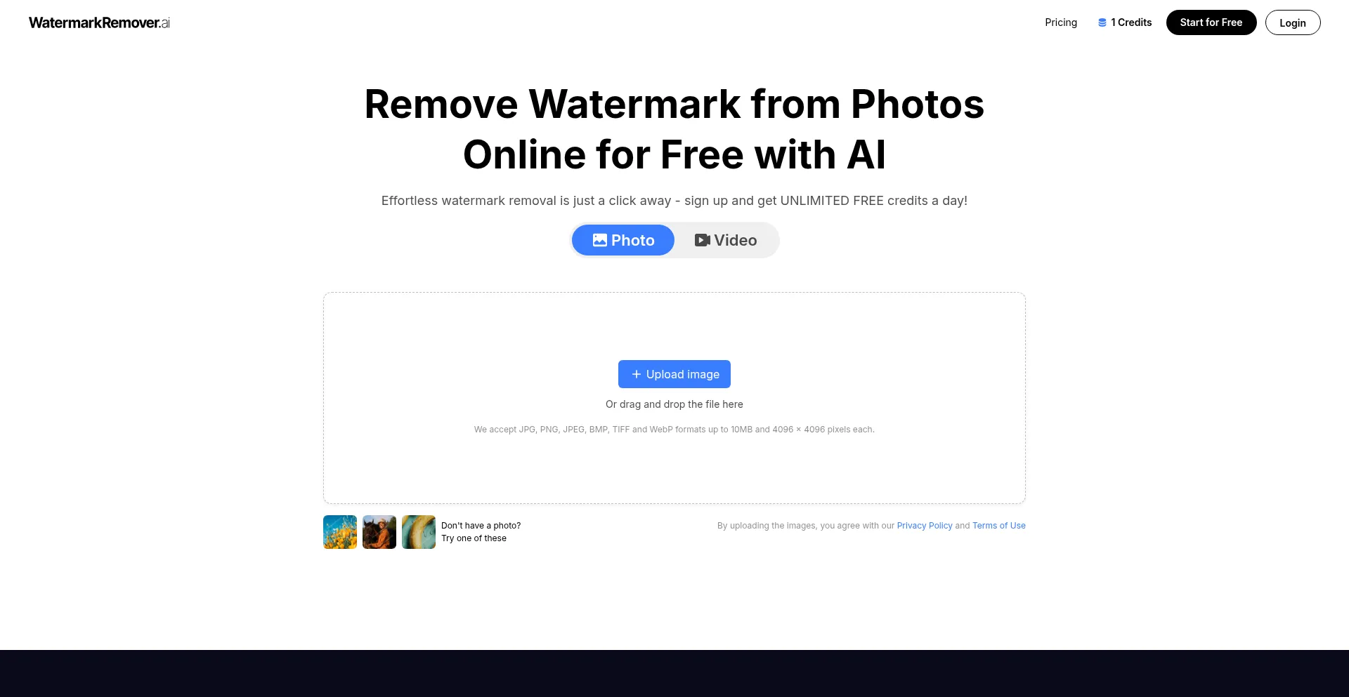 Website screenshot of Watermarkremover.ai