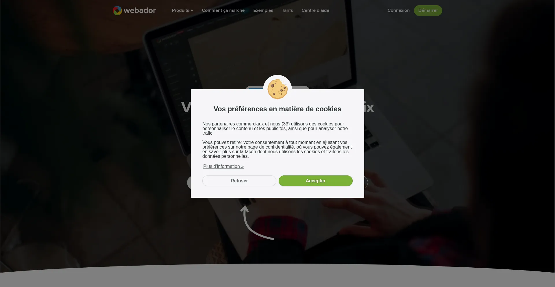 Website screenshot of Webador.fr