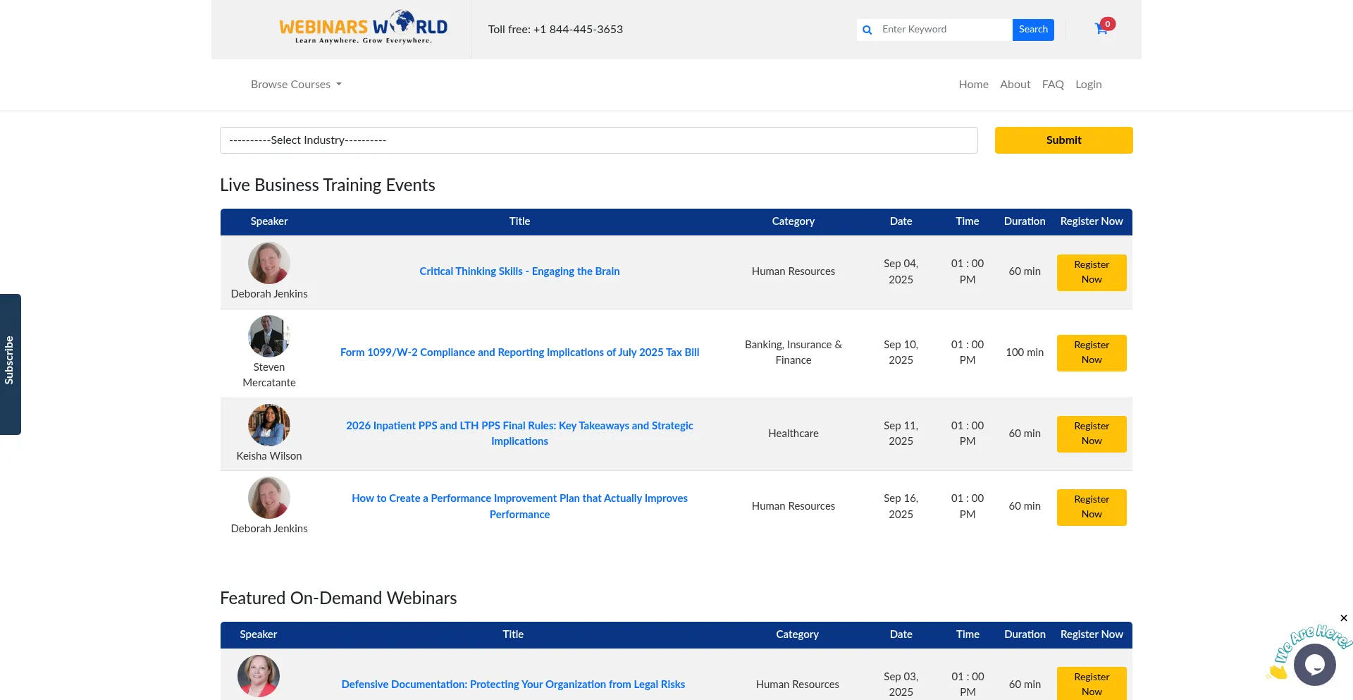 Website screenshot of Webinarsworld.com