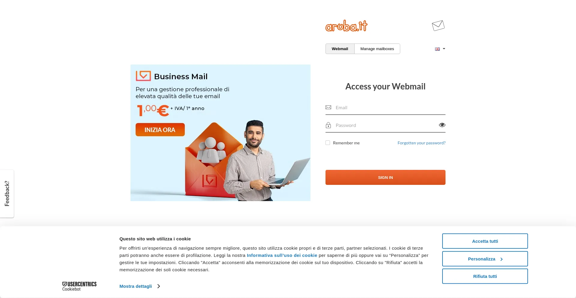 Website screenshot of Webmail.aruba.it