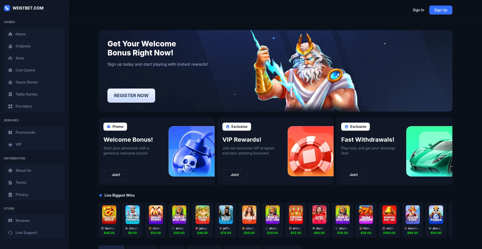Website screenshot of Wentbet.com