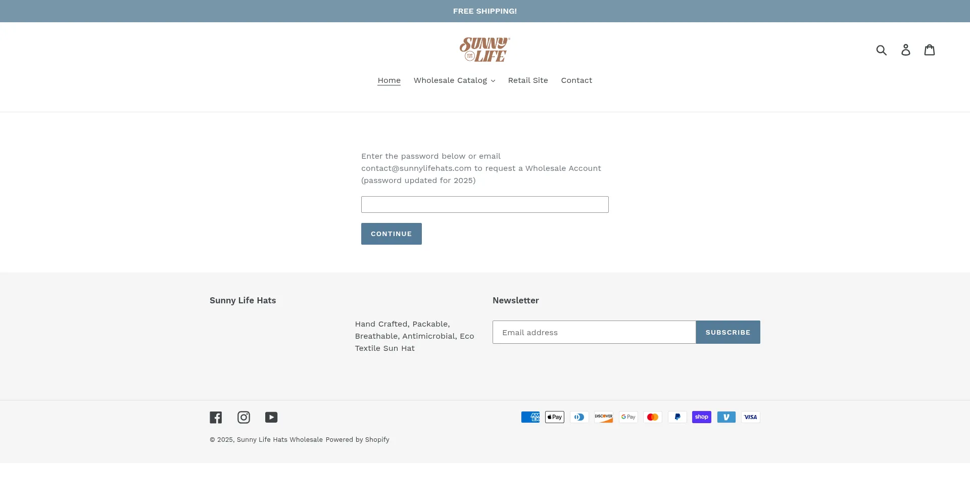 Website screenshot of Wholesale.sunnylifehats.com
