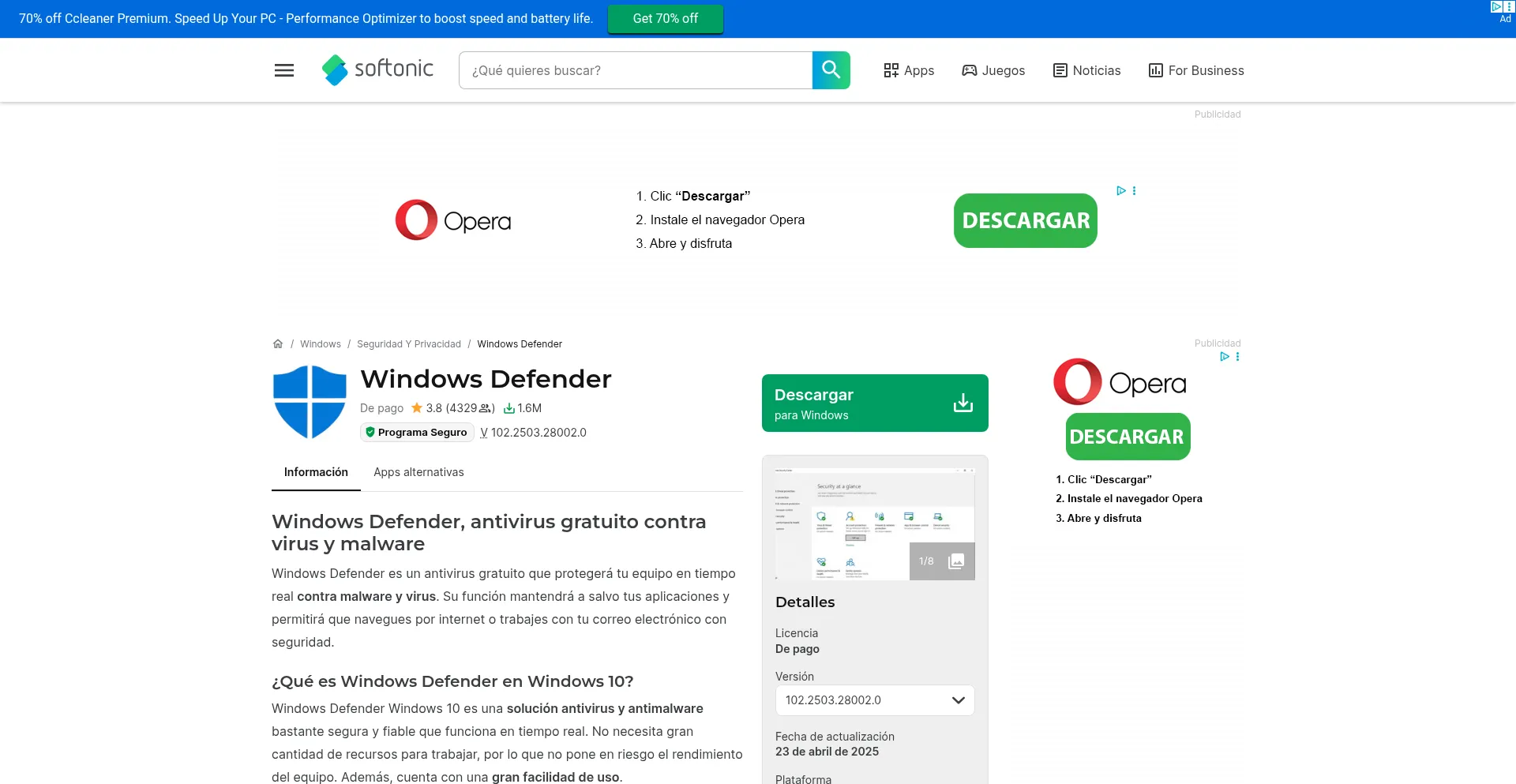 Website screenshot of Windows-defender.softonic.com