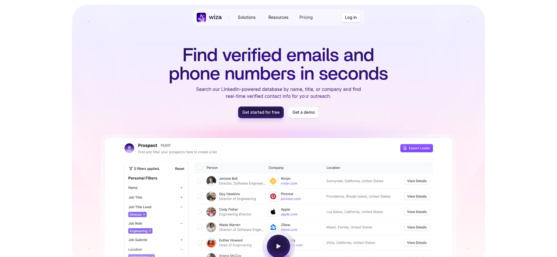Website screenshot of Wiza.co