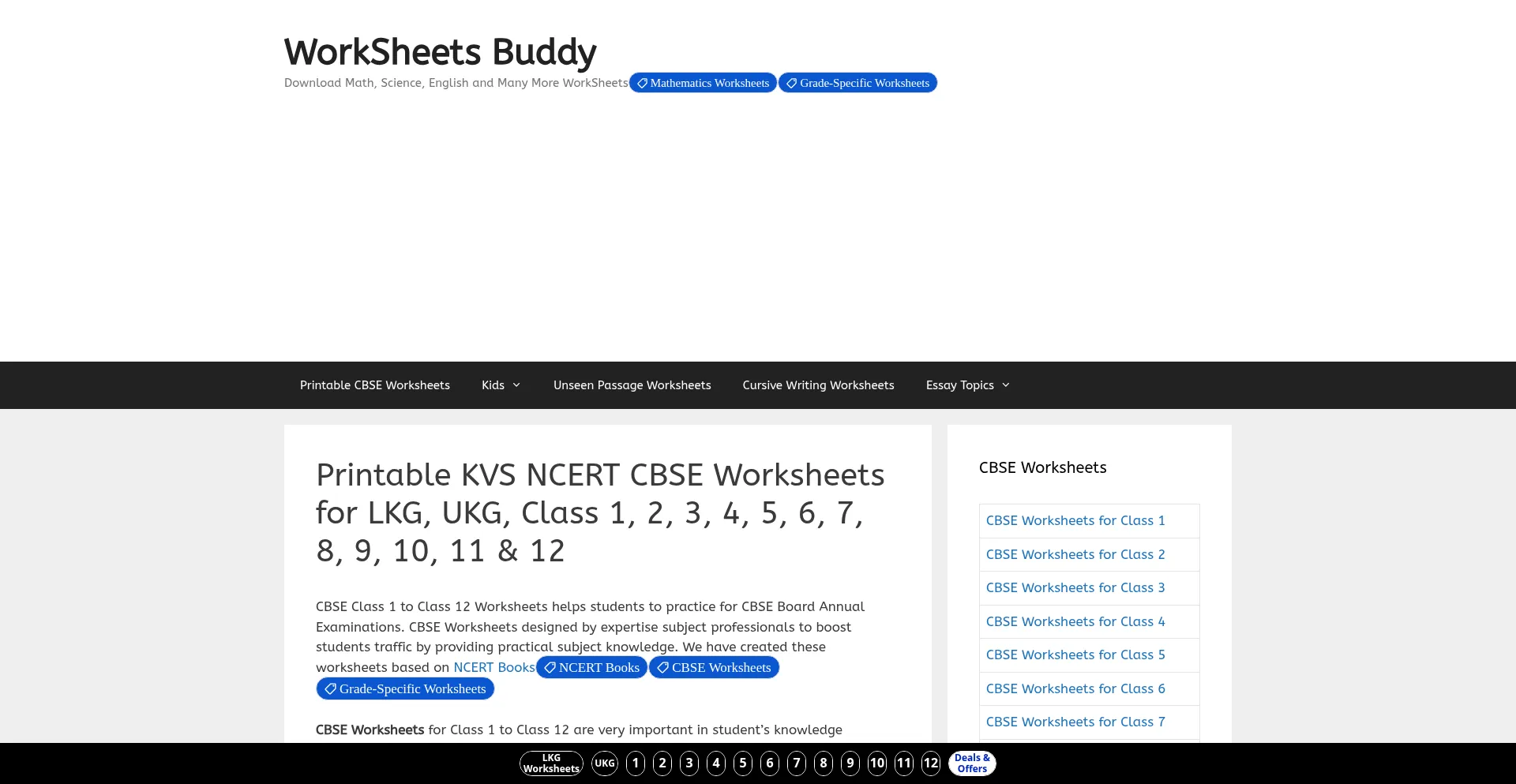 Website screenshot of Worksheetsbuddy.com