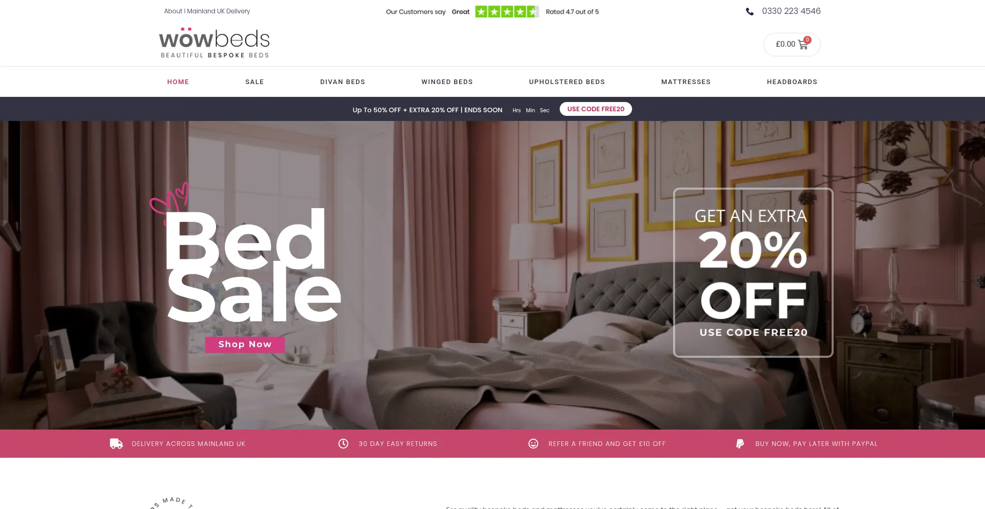 Website screenshot of Wowbeds.co.uk