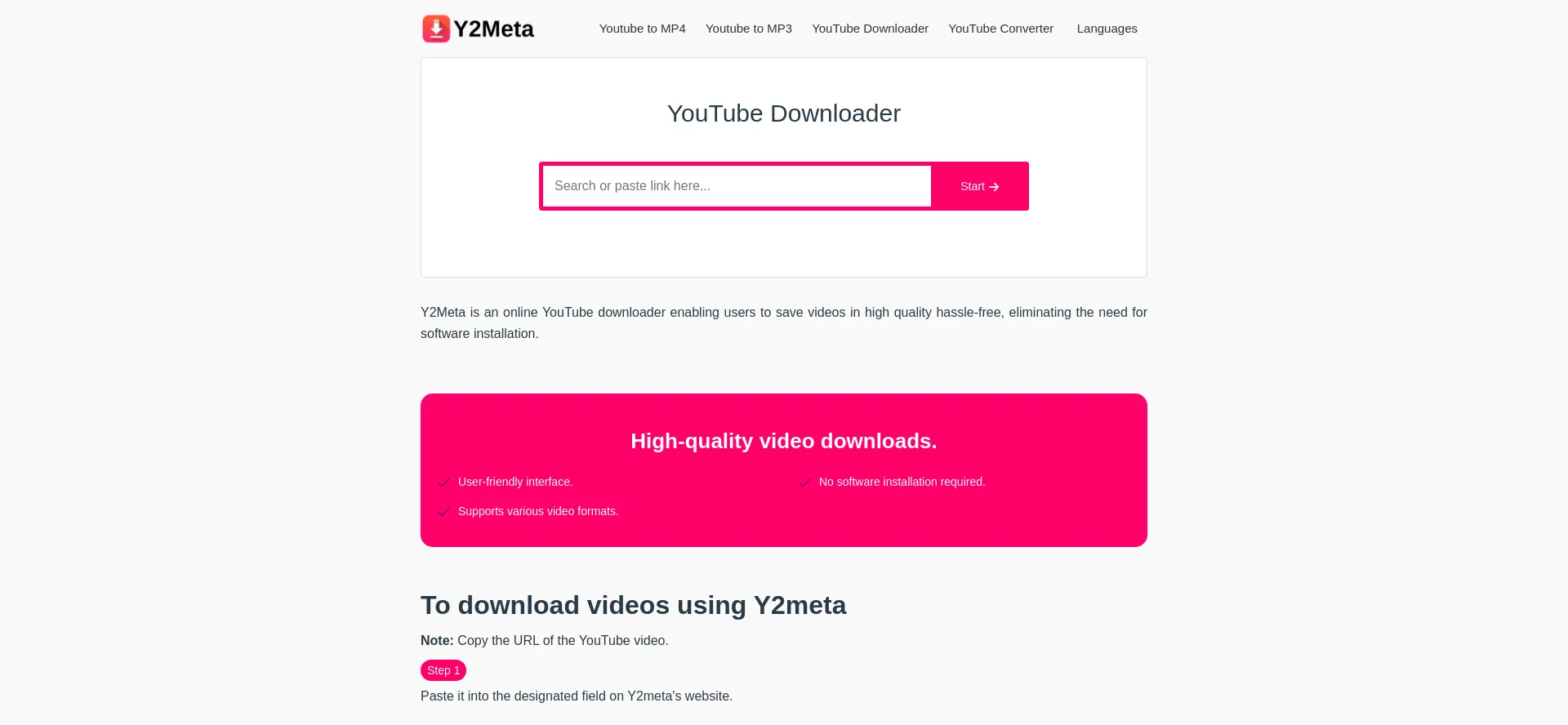 Website screenshot of Ww-y2meta.com