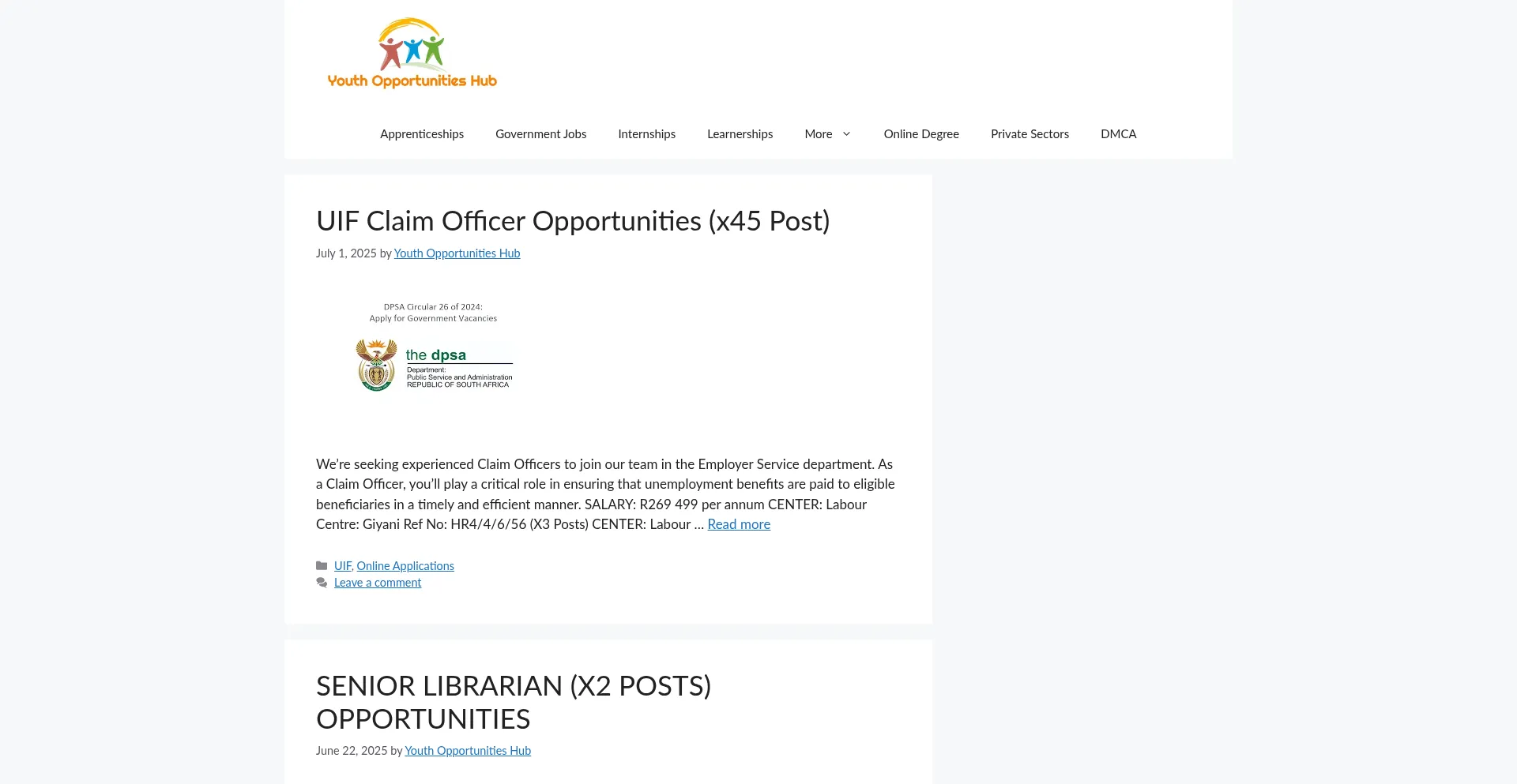 Website screenshot of Youthopportunitieshub.blog