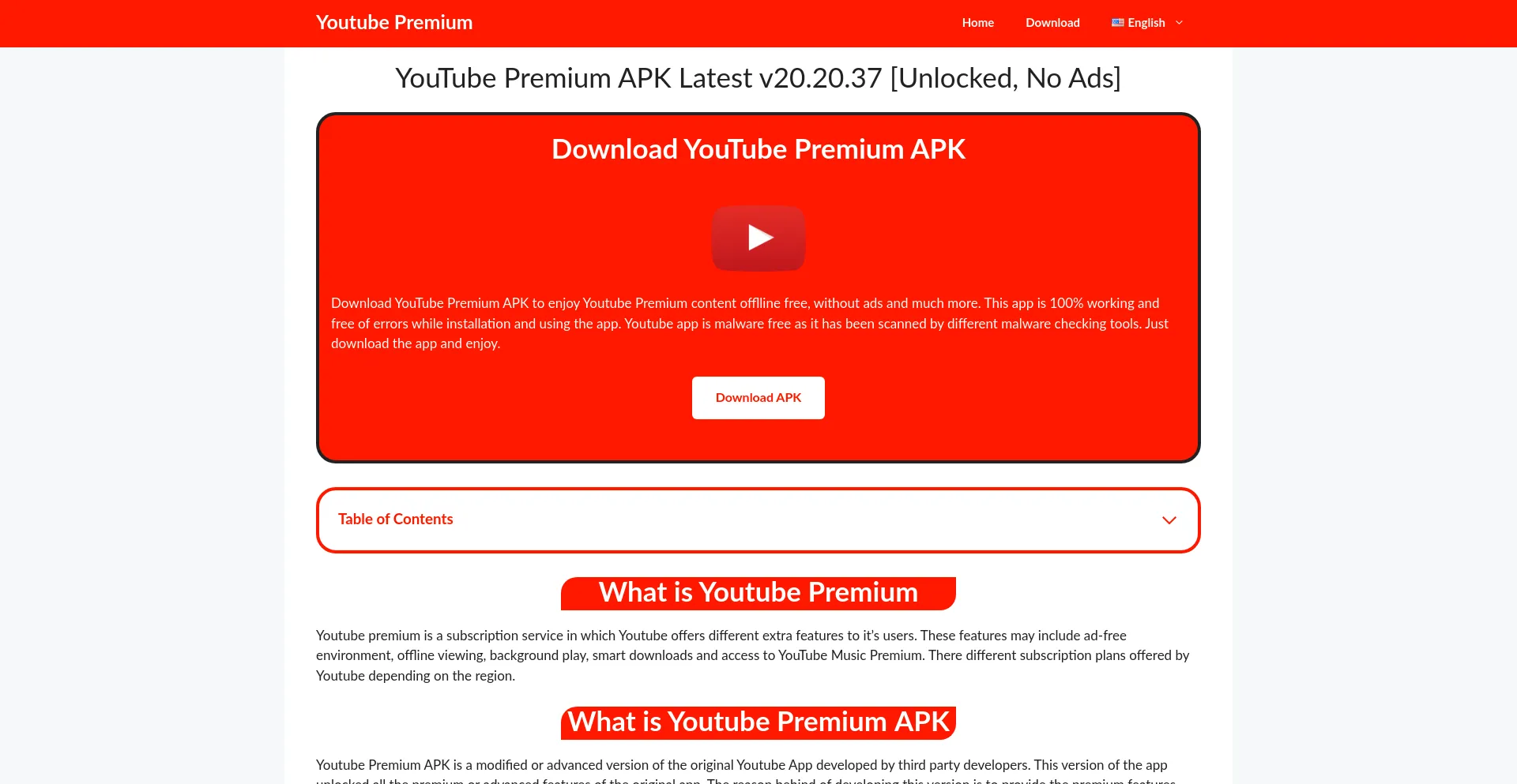 Website screenshot of Youtubepremiumapk.cam