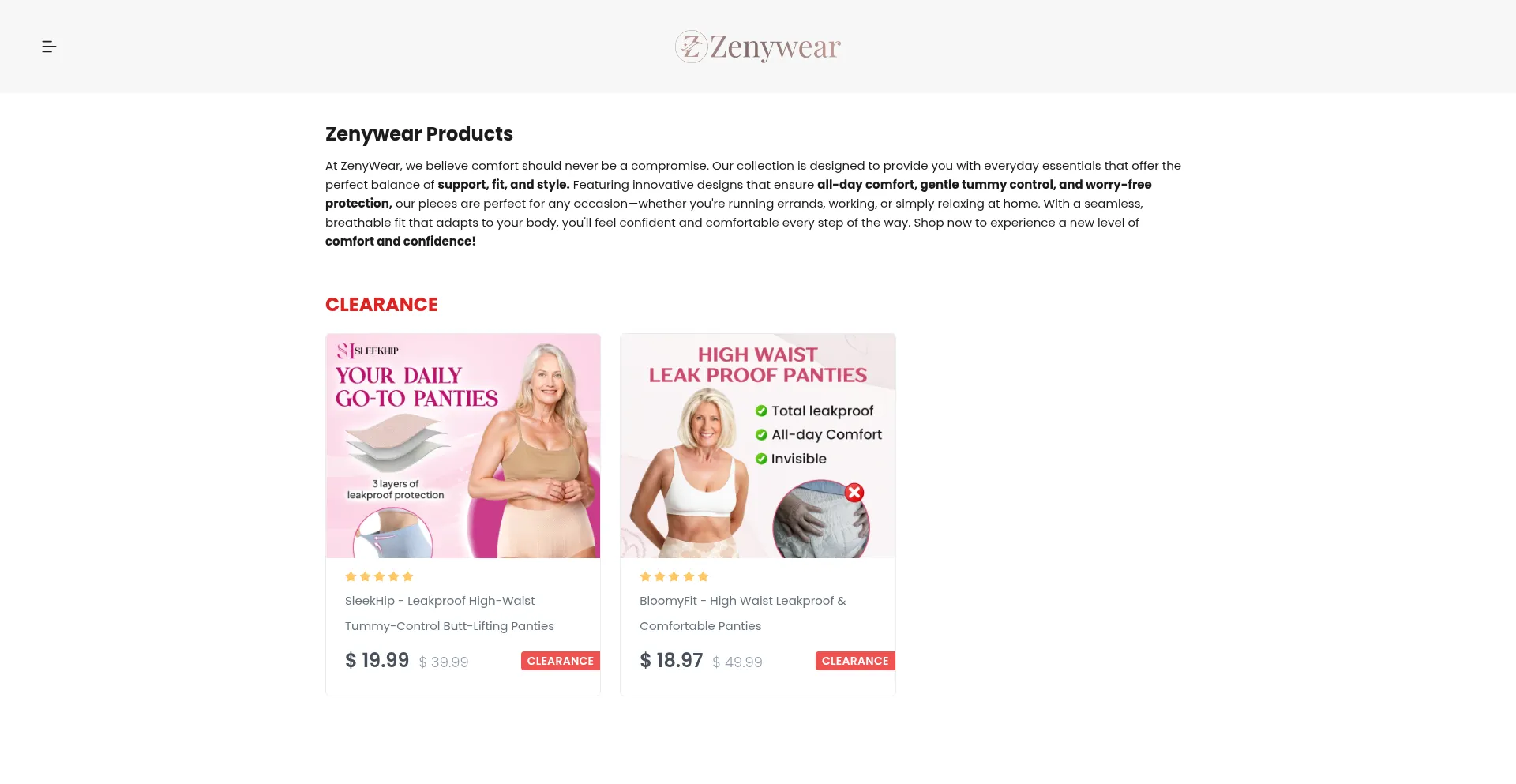 Website screenshot of Zenywear.com